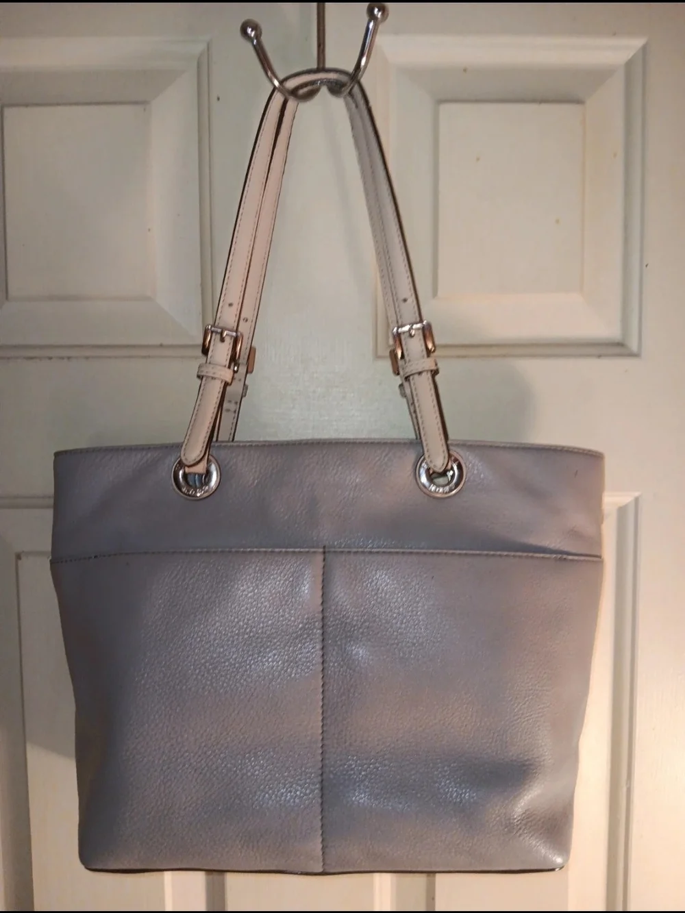 Michael Kors Grey Leather Tote Bag with Cream Straps
